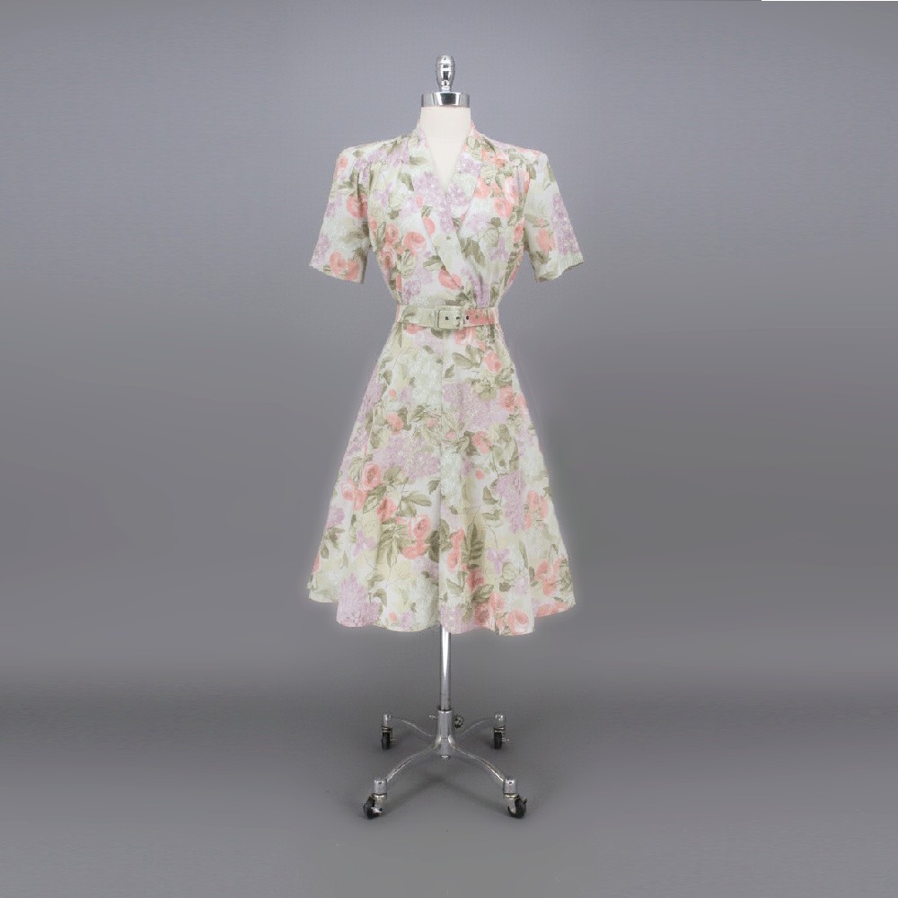 Vintage 70s Does 40s Roses & Lilacs Blouson Day Dress L