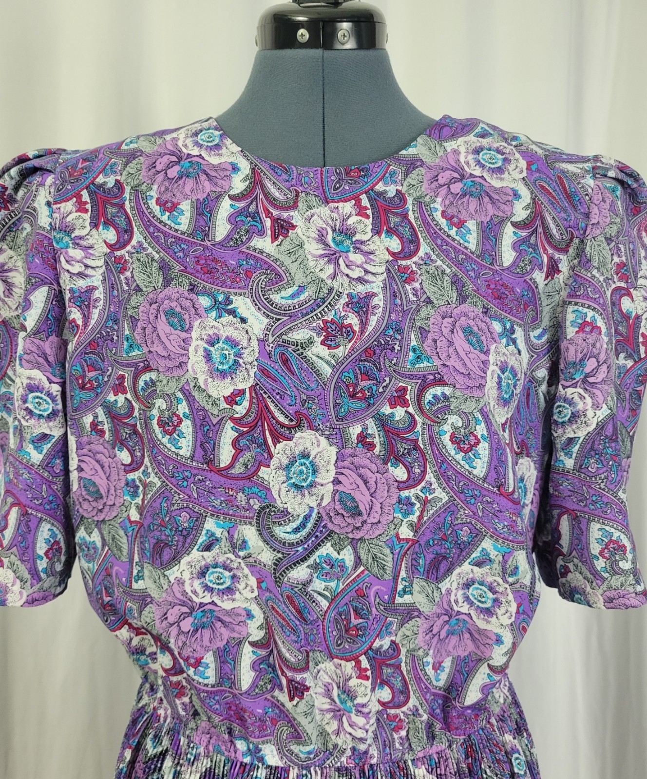 Vintage Lucy Pellini Purple & White Paisley Floral Print Blouson Dress Size 14 T