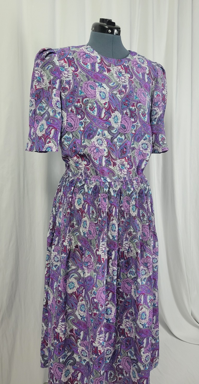 Vintage Lucy Pellini Purple & White Paisley Floral Print Blouson Dress Size 14 T