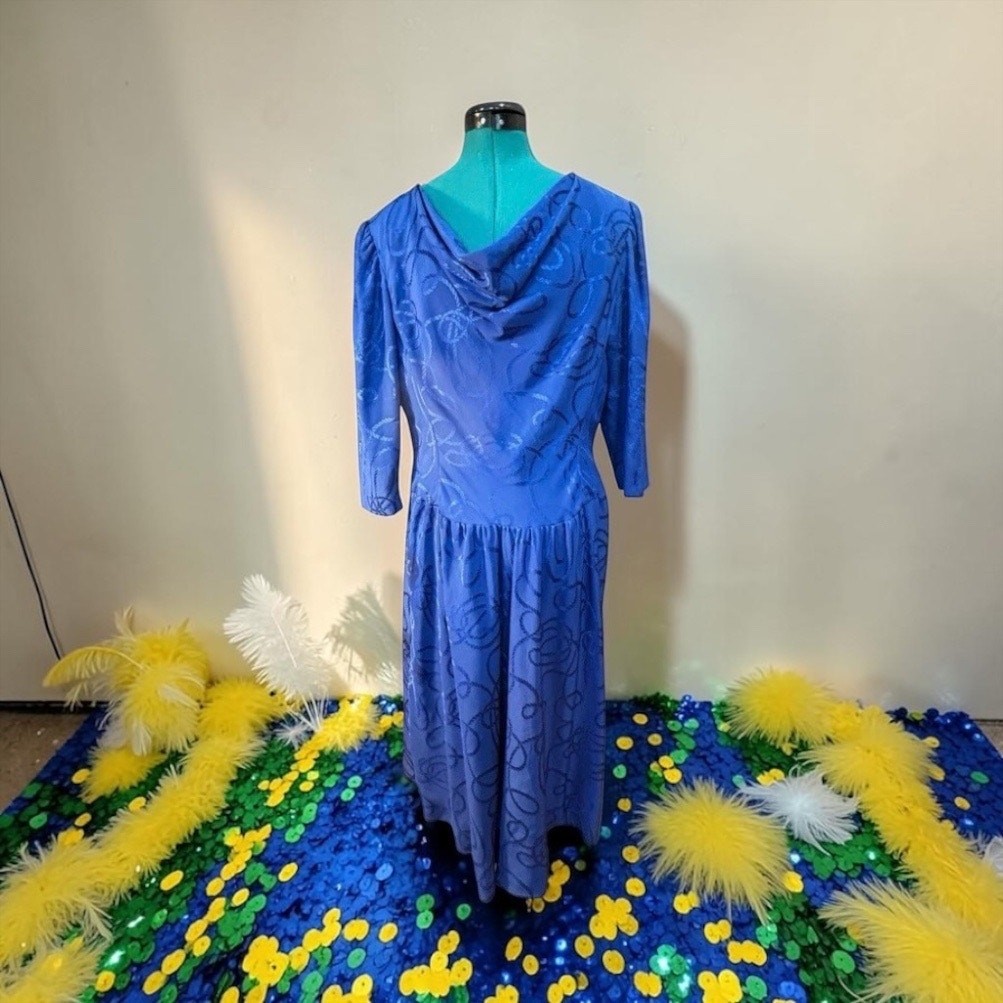 1980s Pauline Trigère Cobalt Silk Jacquard Dress 44” Bust Power Shoulders USA