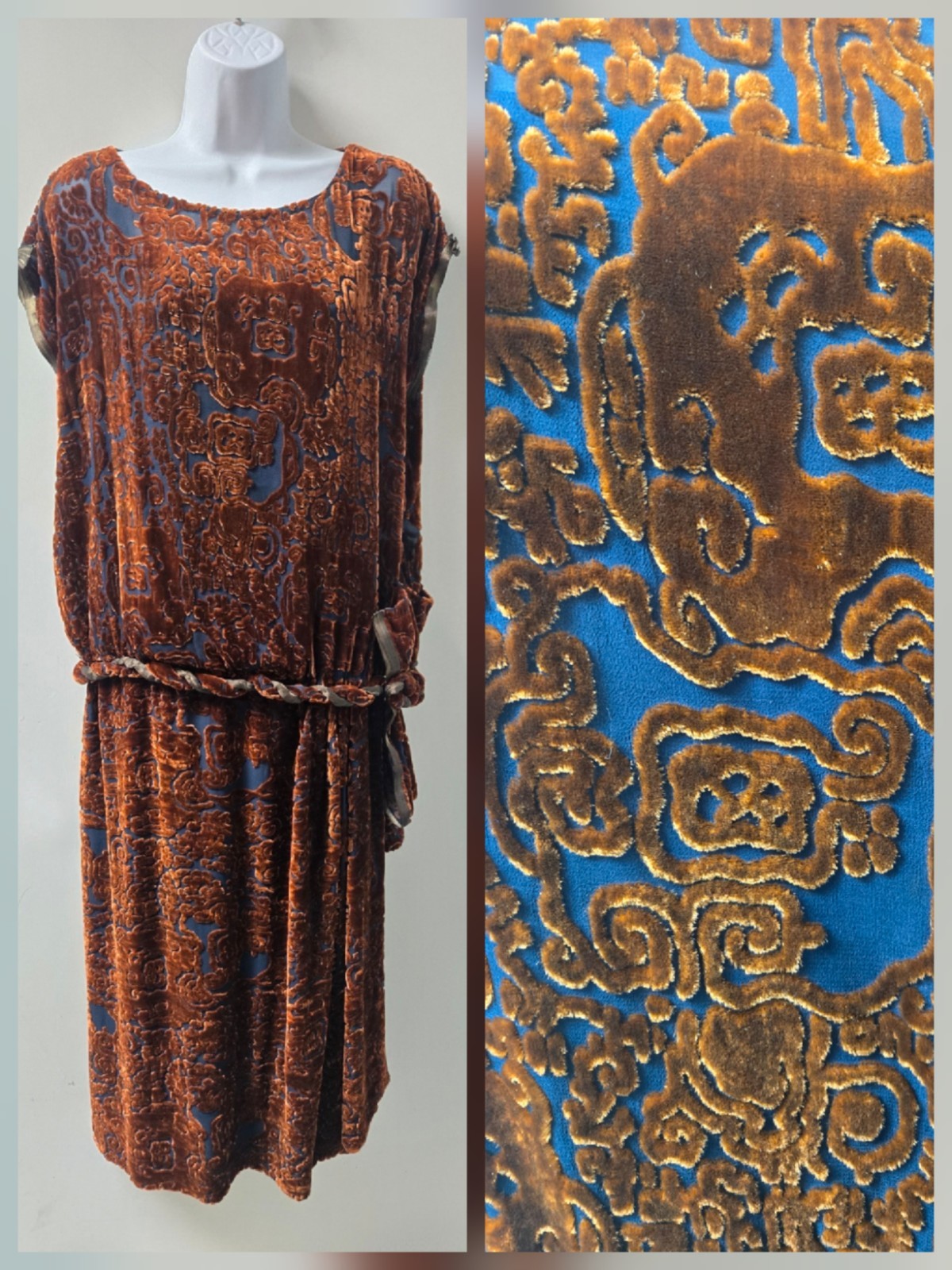 1920s Dress Burnout Velvet Copper Brown Blue Dropwaist Vintage Flapper Party M