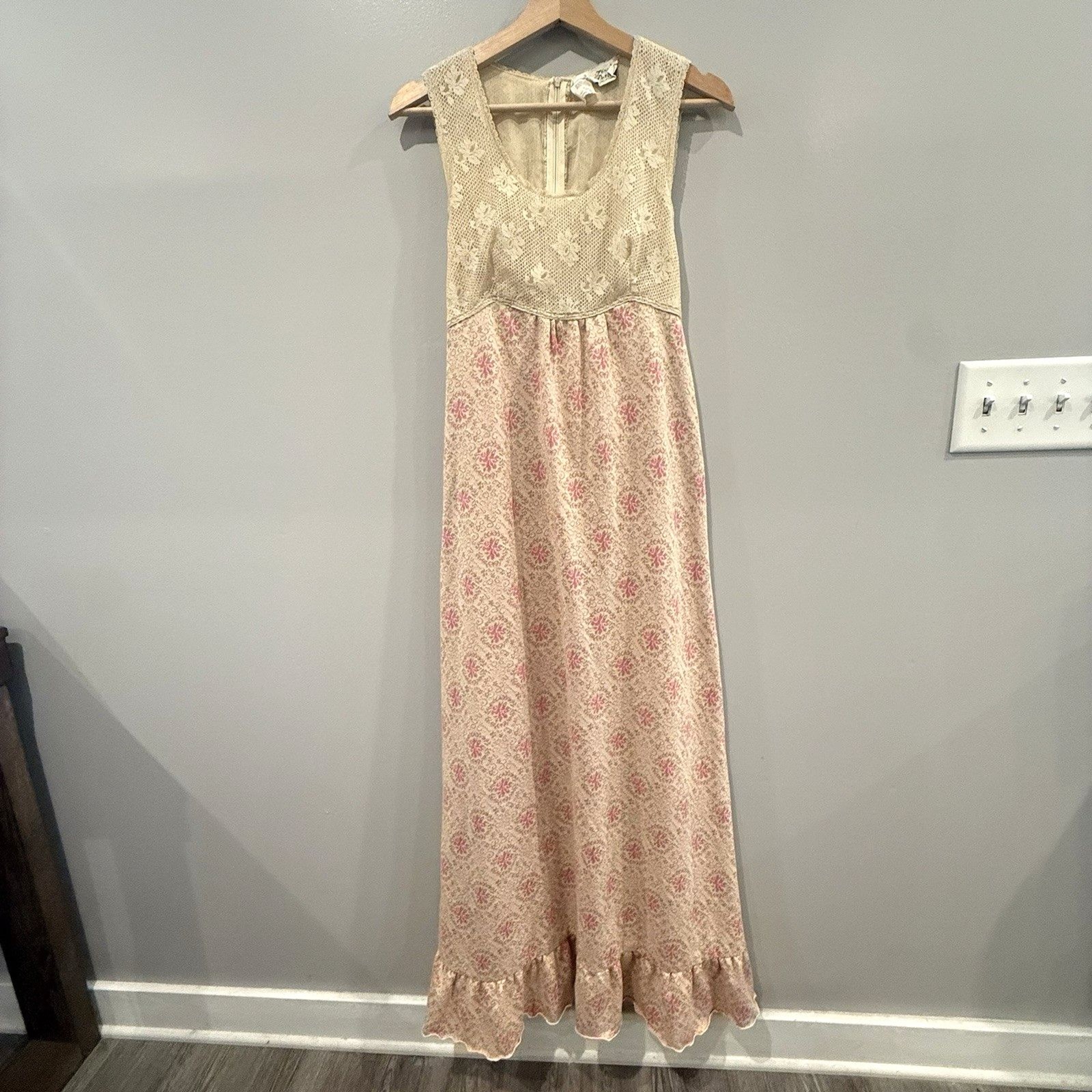 VTG Maxi Dress 1970s Terri Petites California Prairie Cottagecore Lace Cream