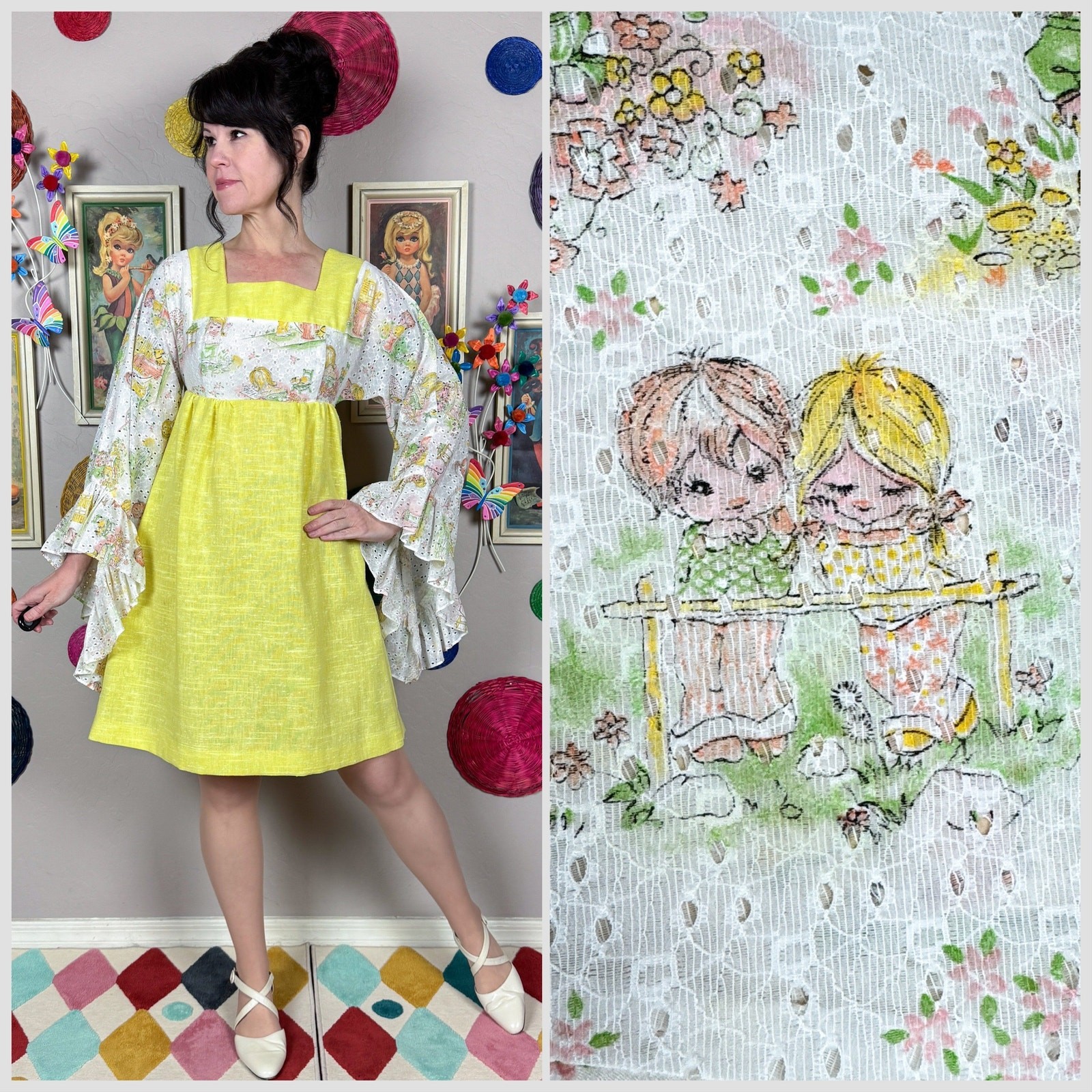 Vintage 1970s Yellow Novelty Print Angel Sleeve Babydoll Mini Dress | XS