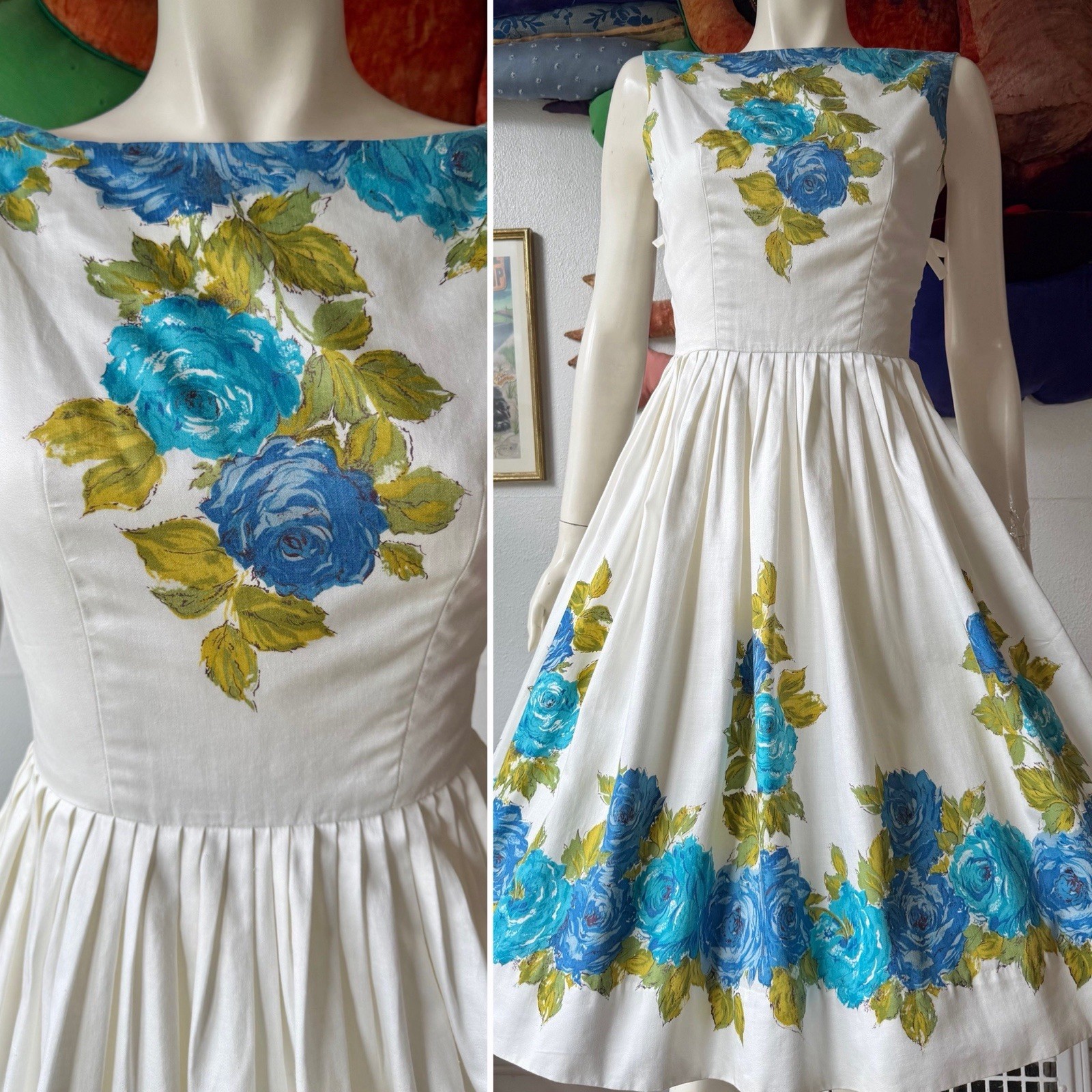 Vintage 1950s BORDER PRINT SUNDRESS Dress Cotton Blue ROSES Bows Metal Zipper XS