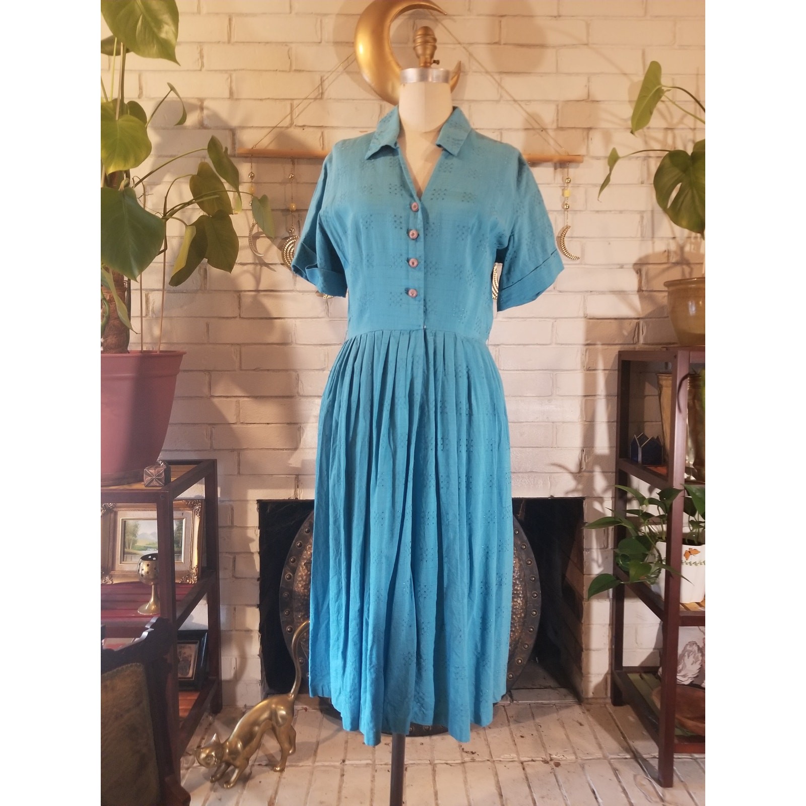 Vintage 1950s Teal Turquoise Shirtwaist Dress Lucite Rhinestone Buttons Medium