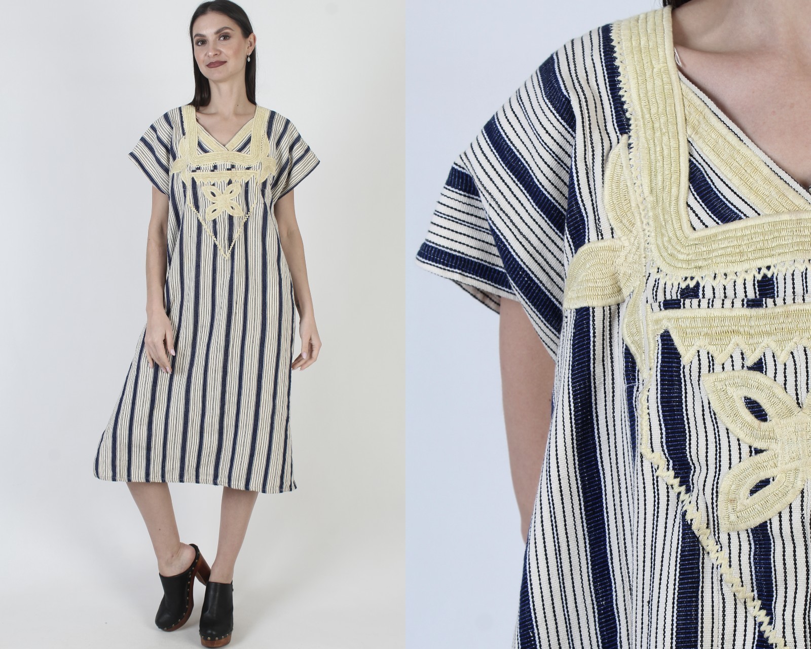 Vtg Woven Guatemalan Kaftan Striped Mexican Dress Ethnic Batik Pockets Caftan