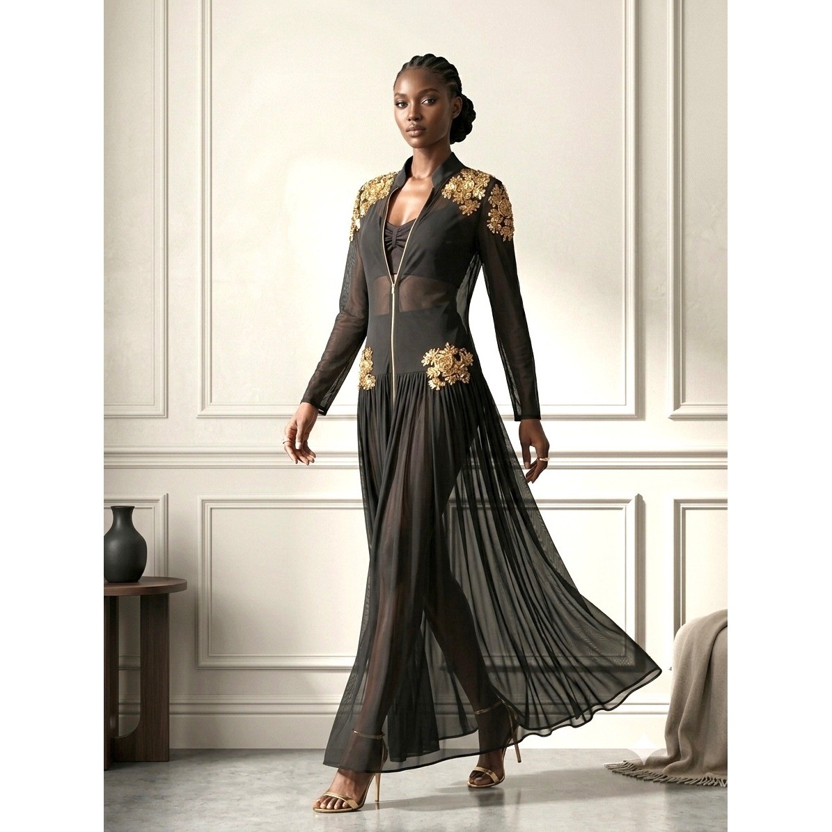 Vintage Black Mesh Zip-Front Maxi duster with Gold Appliqué
