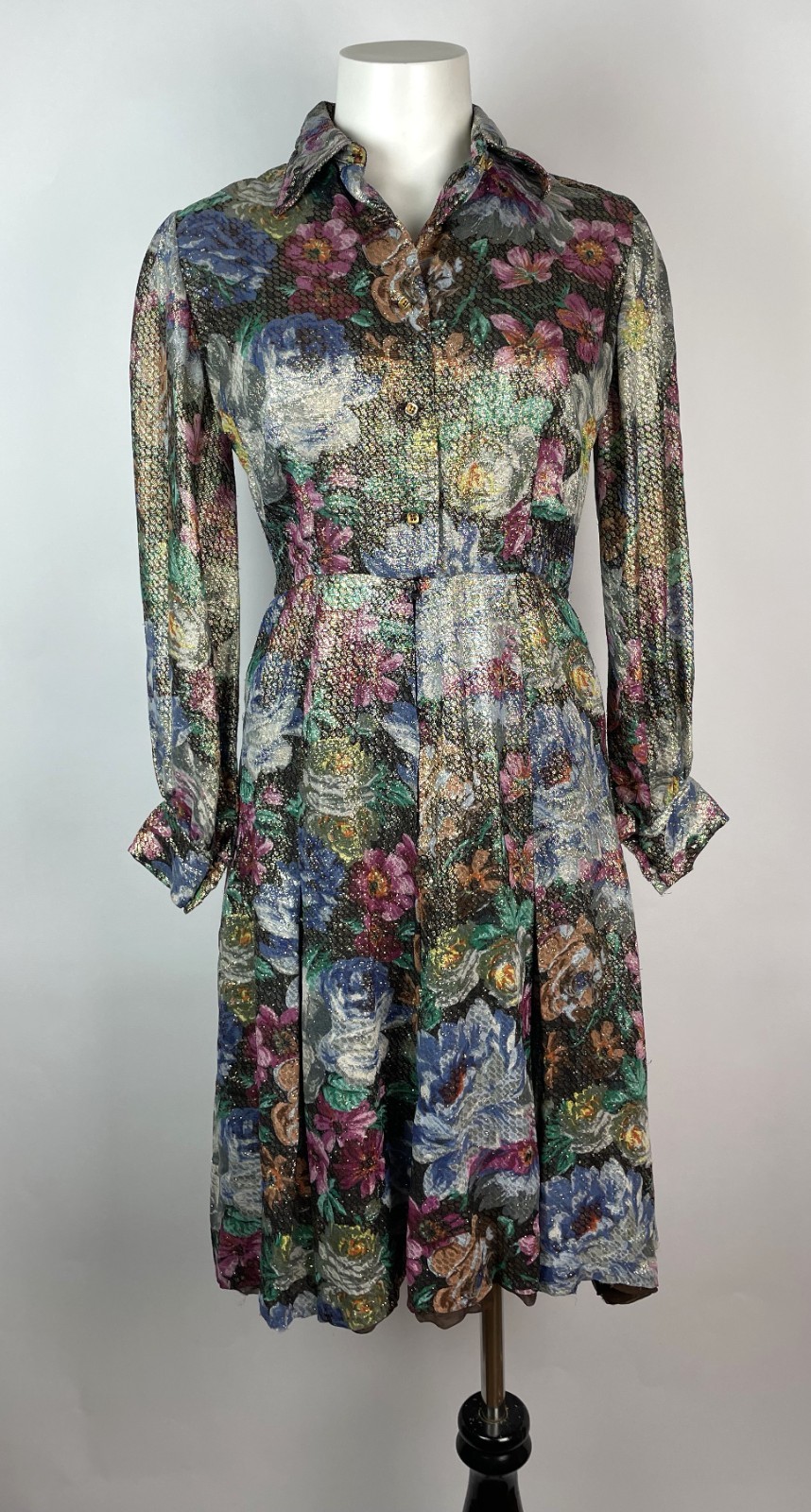 Vintage 70s 80s Floral Jacquard metallic long sleeved Cocktail Dress S 34″ Bust