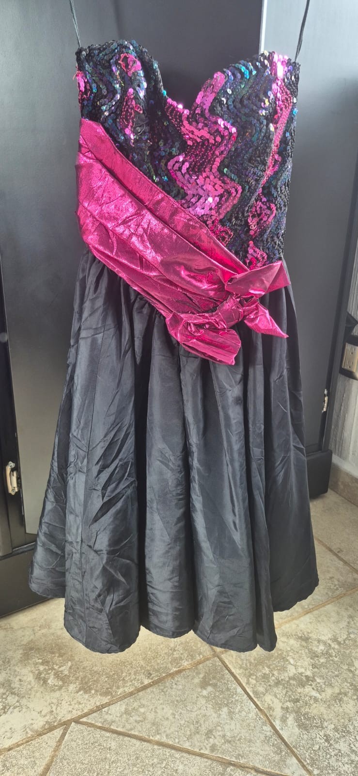VTG 80s Loralie Dress Sequin Metallic Pink Black Prom Party Sweetheart Goth