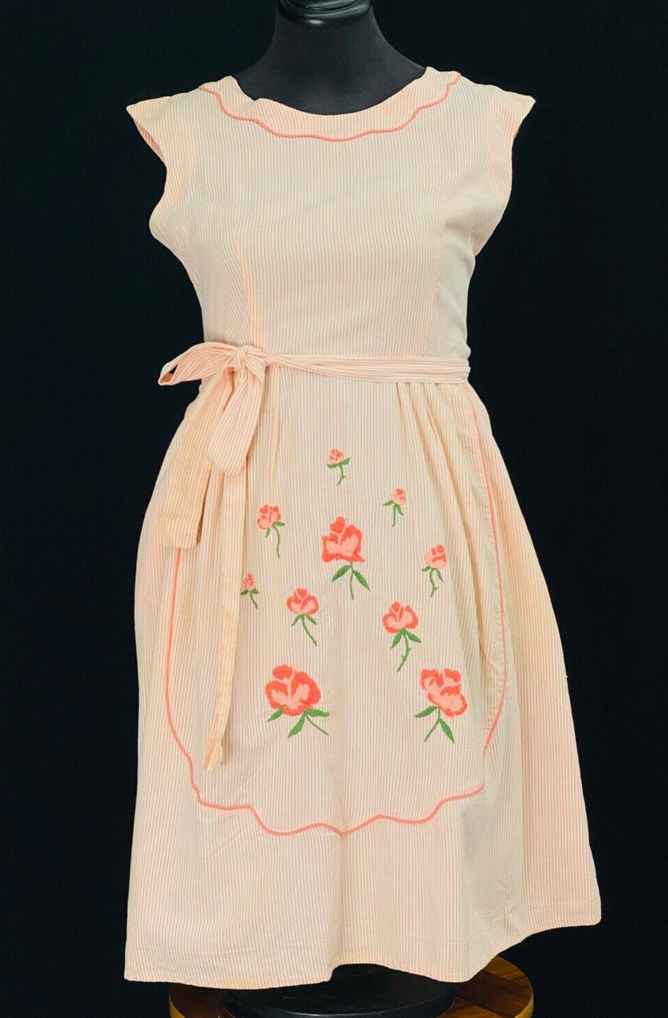 Vintage 1950s SWIRL embroidered wrap dress, peach pink floral rose cotton M L