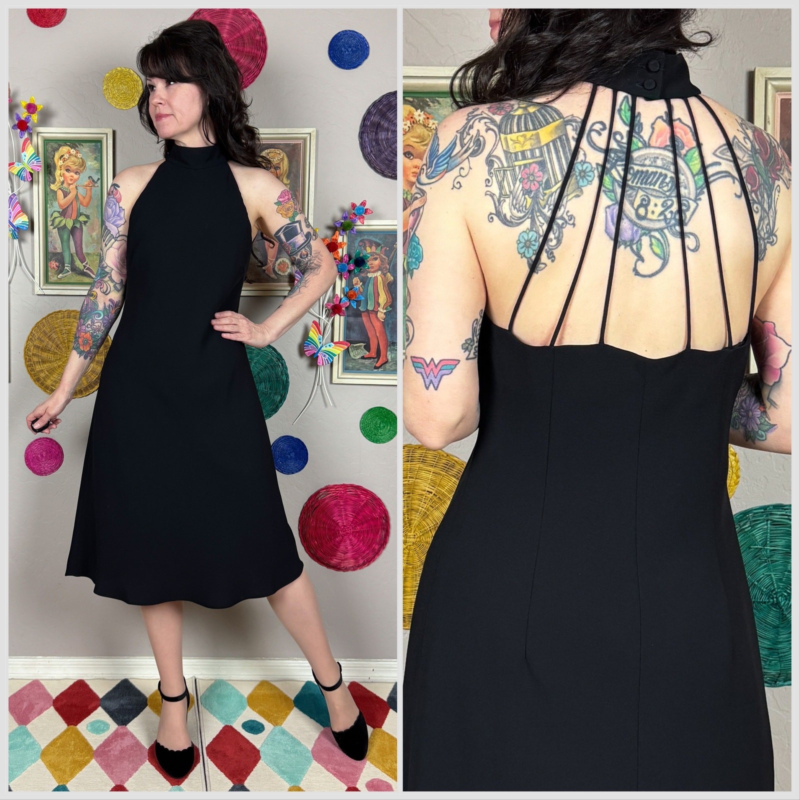 Vintage 90s Black Mock Neck Strappy Back Cocktail Dress | 34″ Waist