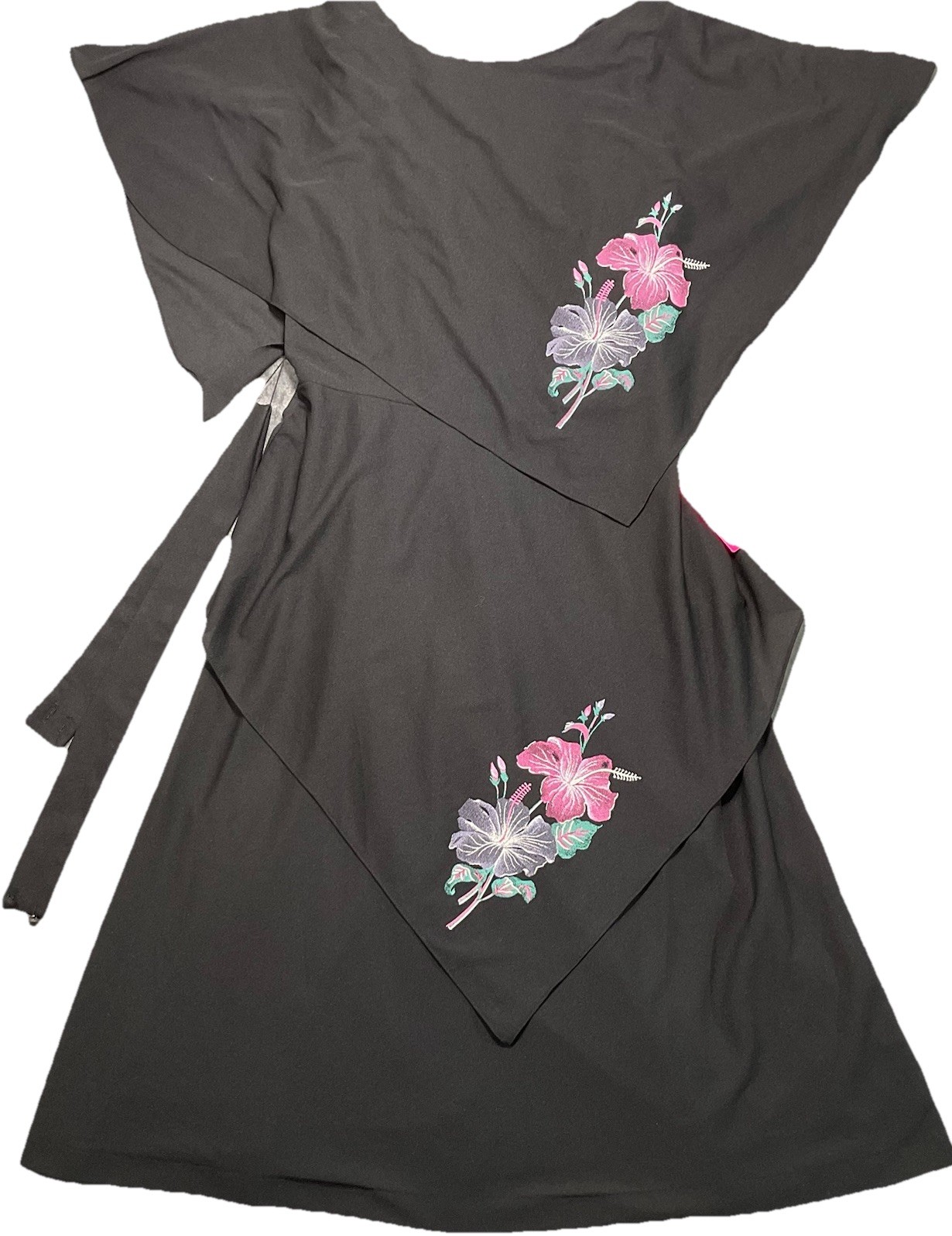 Vintage 80S Black Floral Dress 16 NWT Draped Asymmetrical USA Party