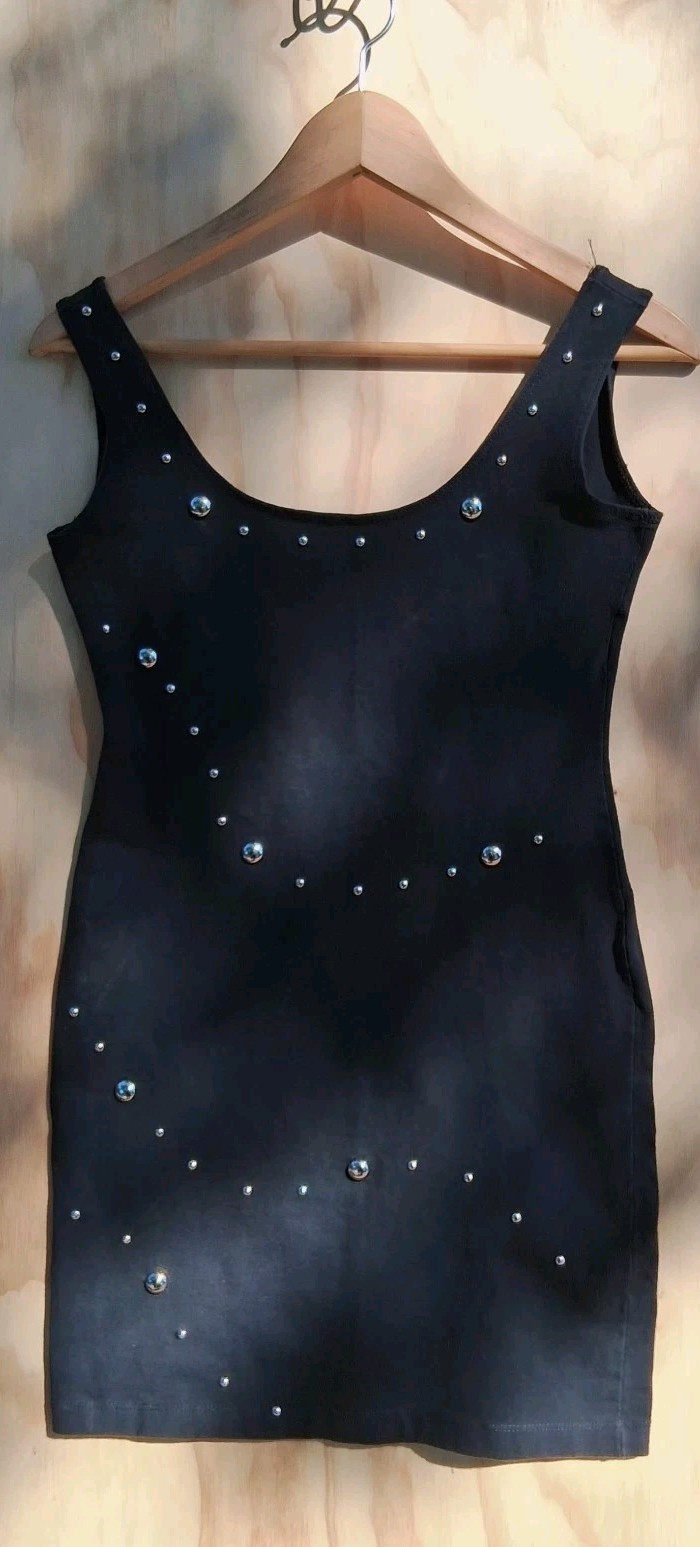 Vintage 80s Radar Black Studded Mini Dress S Stretch Bodycon Tank Silver Studs