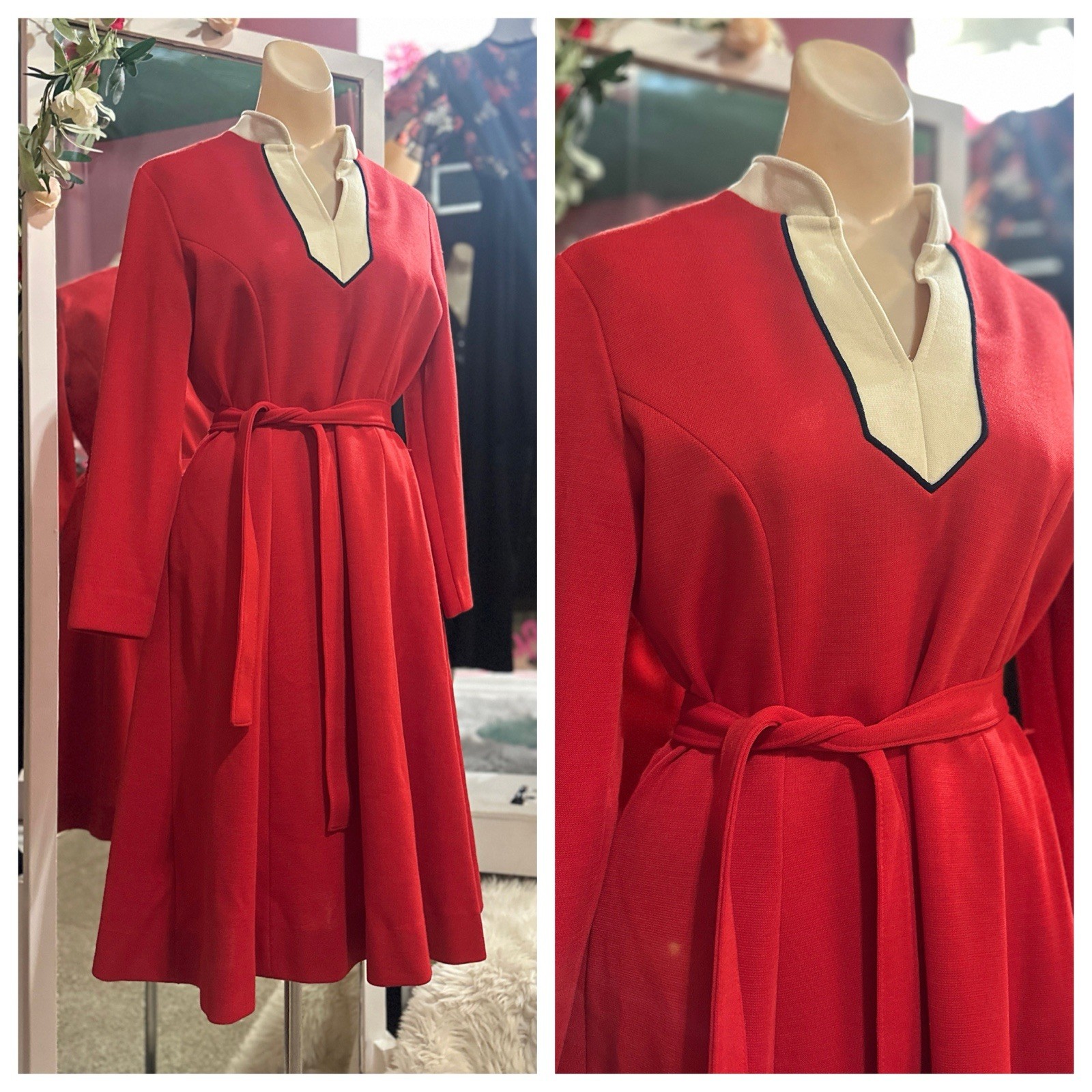 Vintage 60s 70s Mod GoGo Scooter Dress Red Retro Twee Preppy Full Skirt M