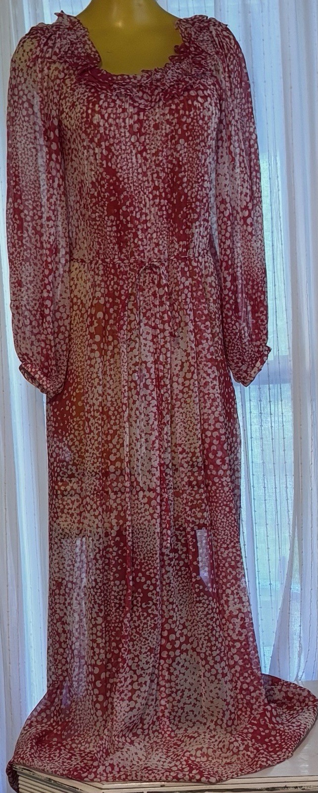 Lovely ALBERT NIPPON Red White Chiffon Semi Sheer Maxi Dress ILGWU Size 14