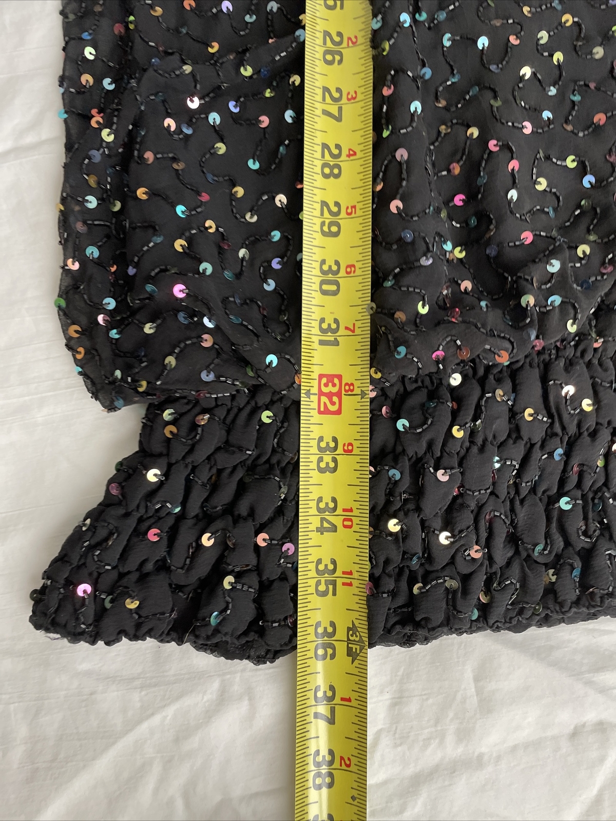 VTG 1980s SAKS FIFTH AVENUE Silk Blouson DRESS SEQUINS Beads Rouched Cuffs