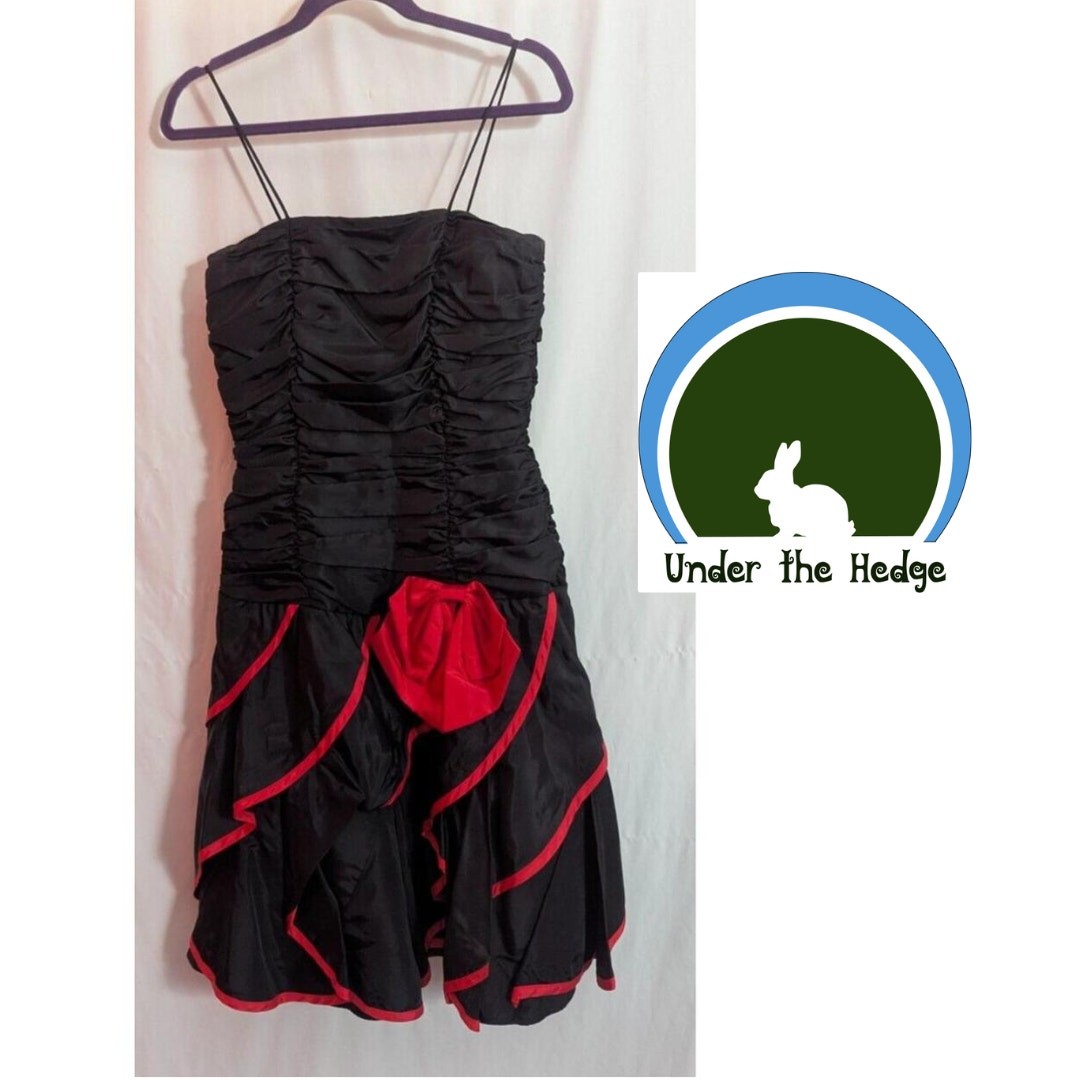 Vtg Hanna Lee Black Red Ruched Formal Dress Size 5/6 Glam Rock Goth Grunge