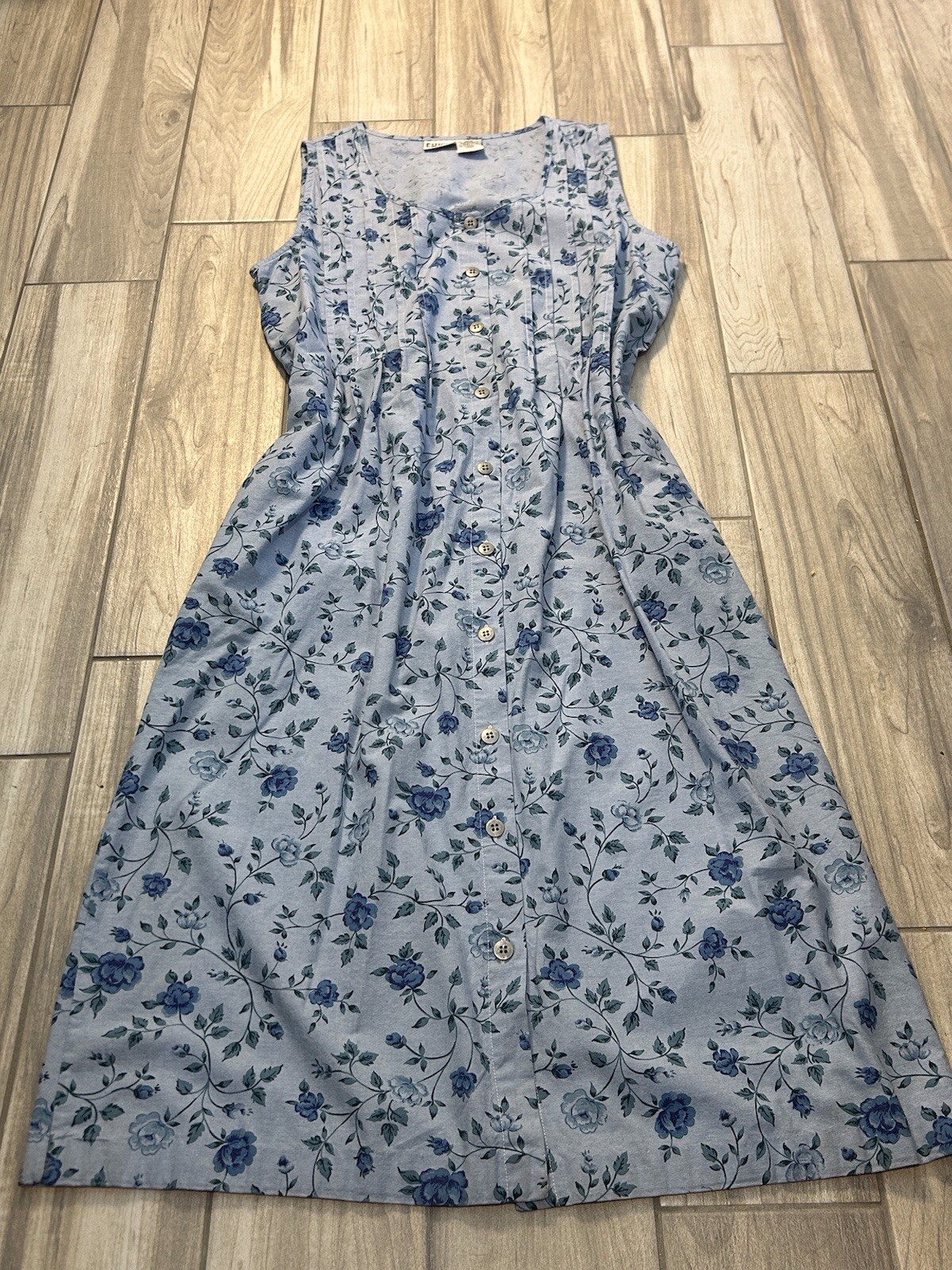 100% Cotton Vintage Blue Floral Button Front Tank Dress Med Prairie Cottagecore