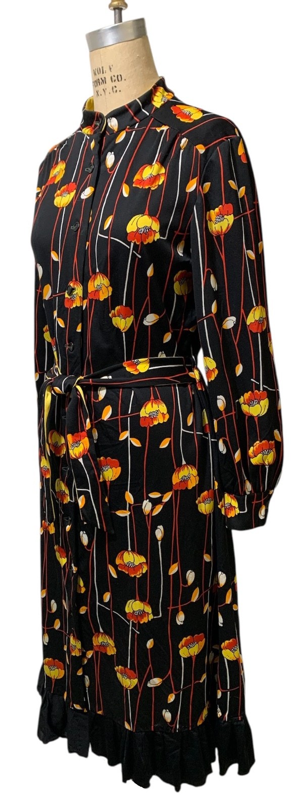 Vintage 70s Women’s LS Black Polyester Knit Floral Stripe Shirtwaist Dress Sz L