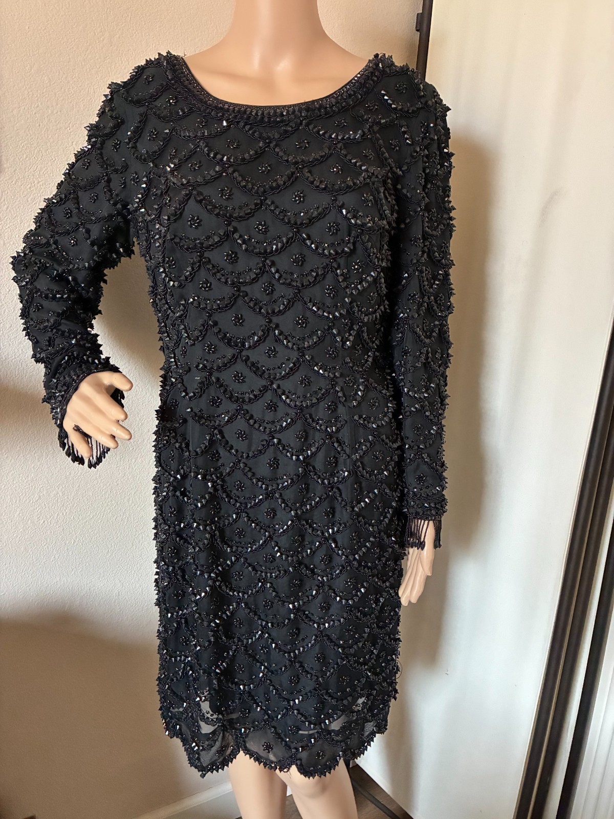Vtg 60’s Black heavy beaded hand tailored dress Hong Kong MLORDS