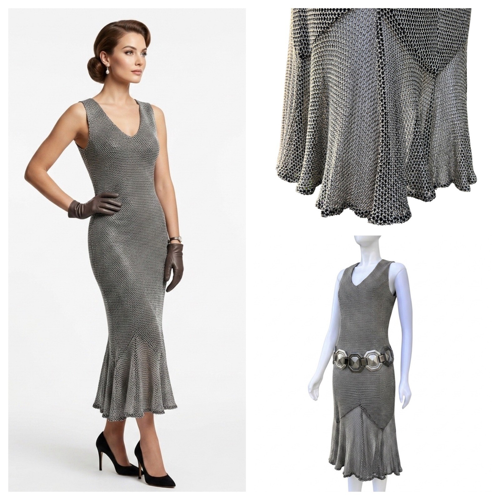 Vintage 90s Metallic Knit Midi Dress Fluted Hem S Mermaid Old Money Evening USA