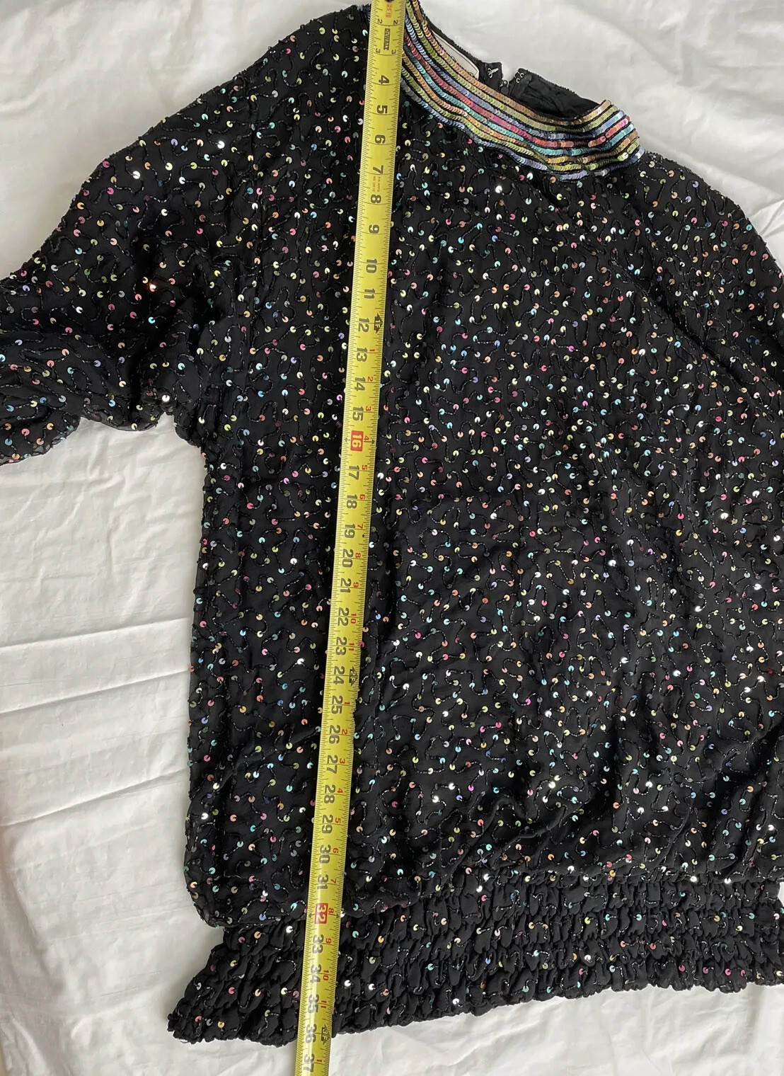 VTG 1980s SAKS FIFTH AVENUE Silk Blouson DRESS SEQUINS Beads Rouched Cuffs