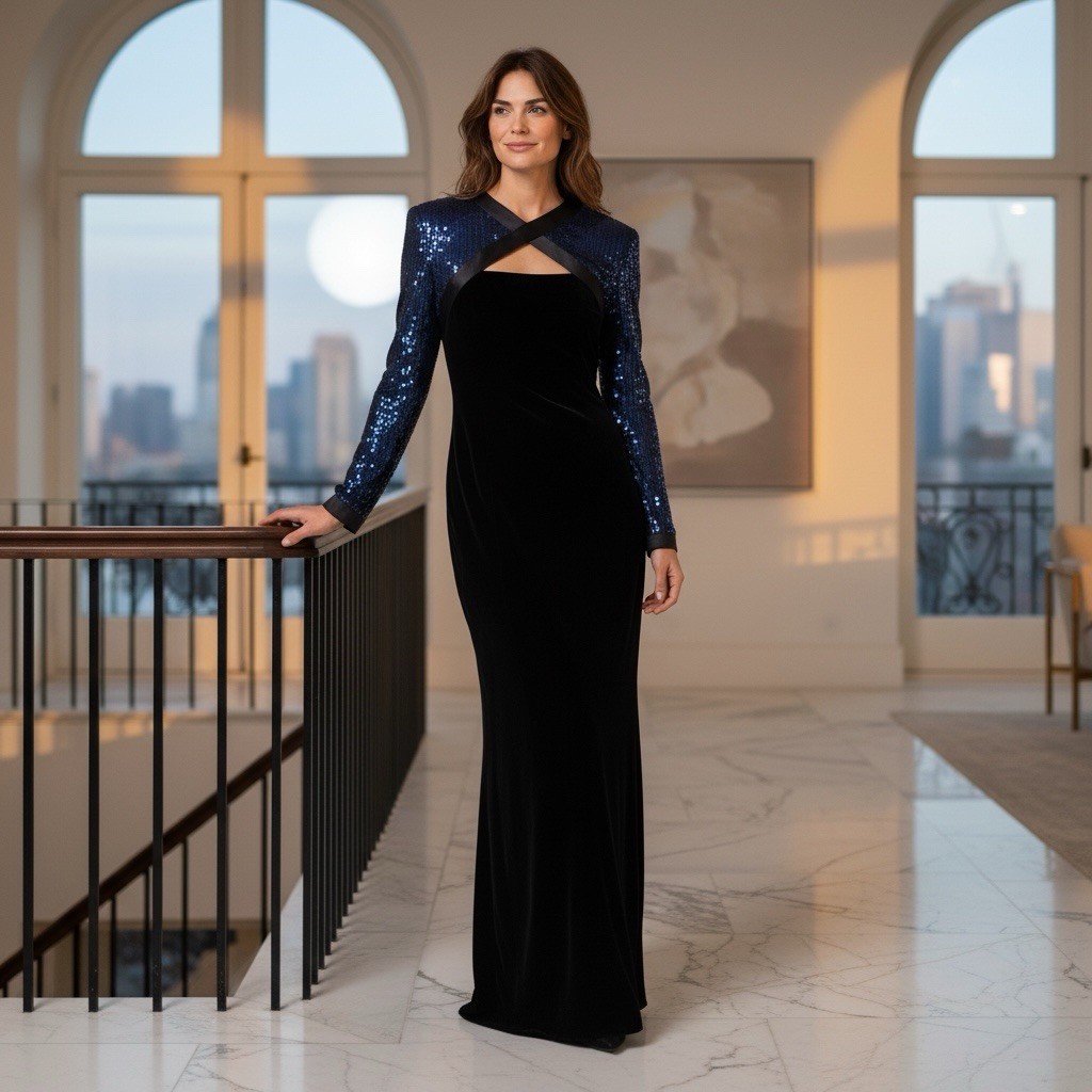 Vintage Escada Couture Velvet Evening Gown with Blue Sequin Sleeves Size 10 (40)