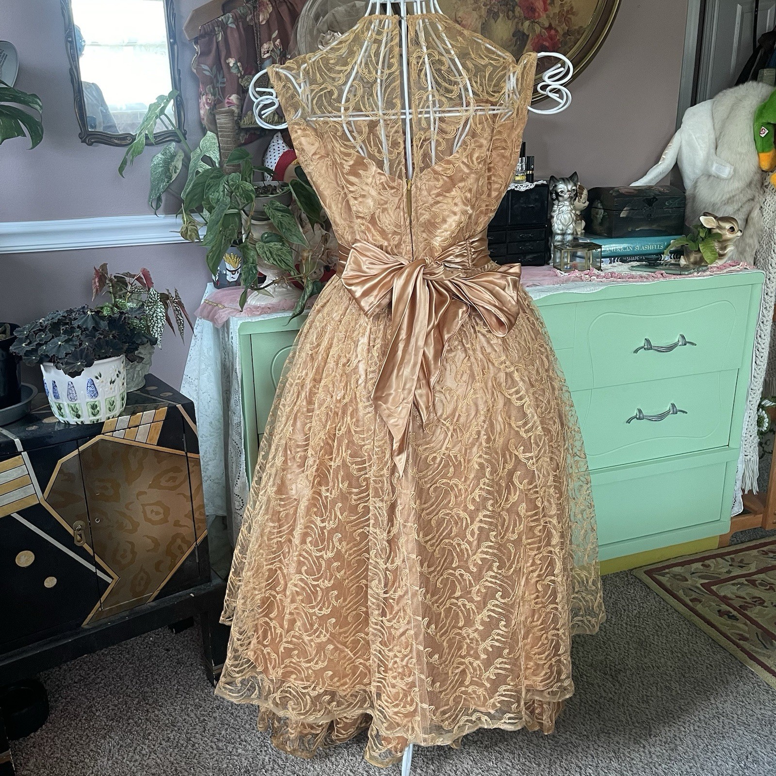 1950’s Satin and Lace Hand Beaded Copper Color Cupcake Dress Size Small