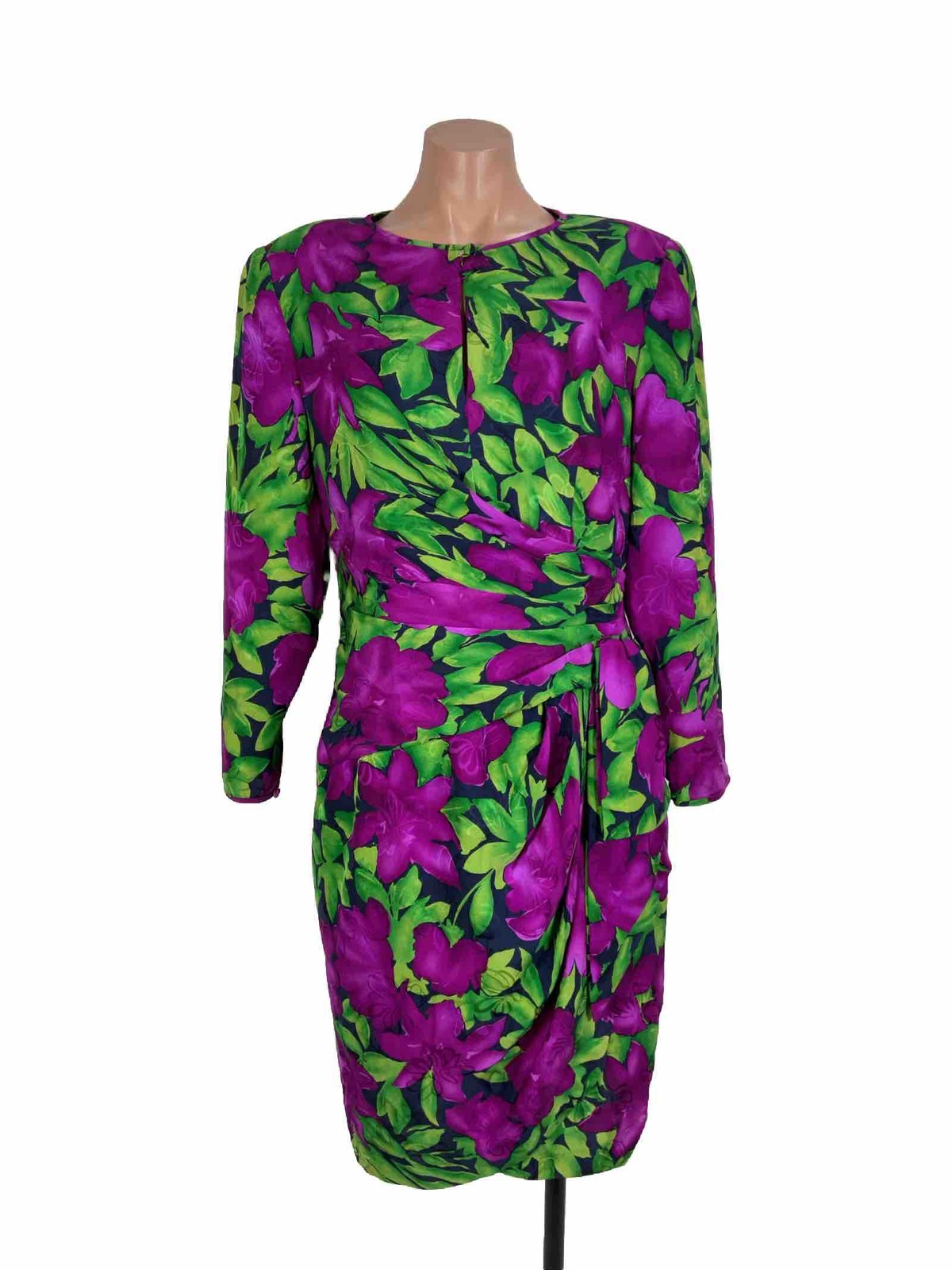 80s VTG AJ Bari Evening Dress Bright Floral Faux Wrap Ruched Puffy Sleeve 12