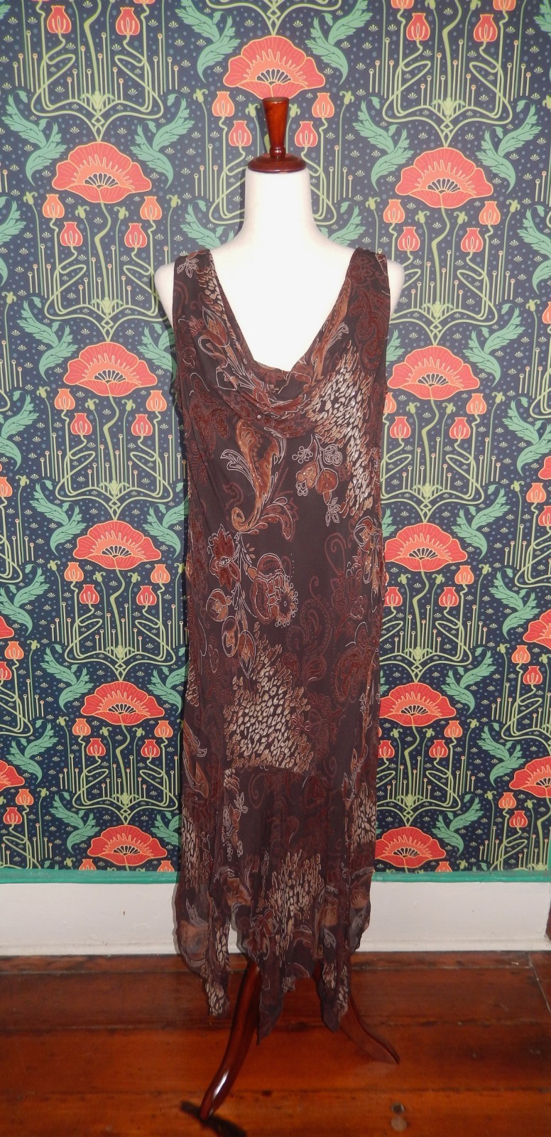 Vintage Y2K Cowl Neck Dark Brown Sequin Beaded Pointy Hem Slip Dress Cocktail