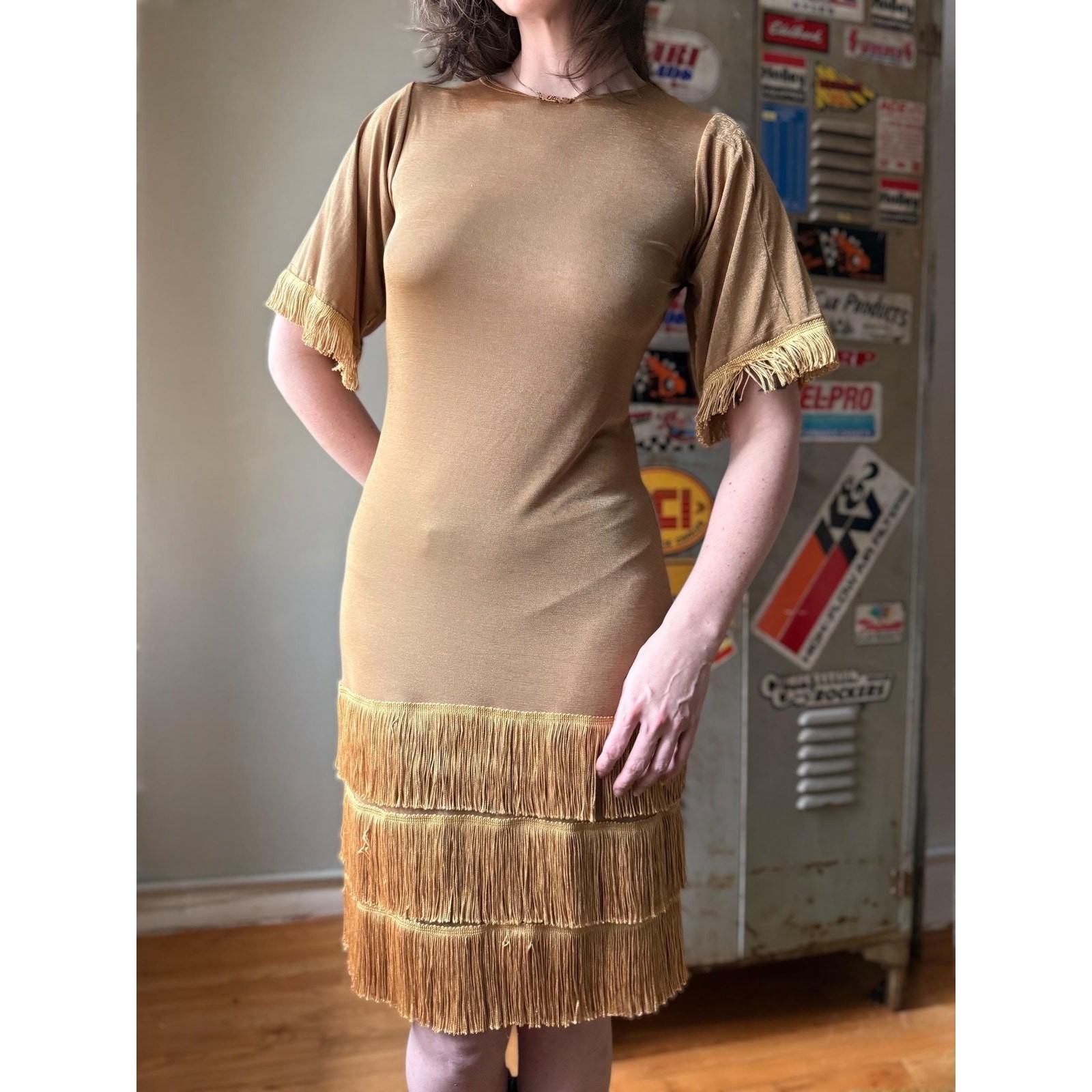 Vintage 70s Metallic Fringe Dress | Disco Cowgirl Knit Mini | Studio 54 | Size M