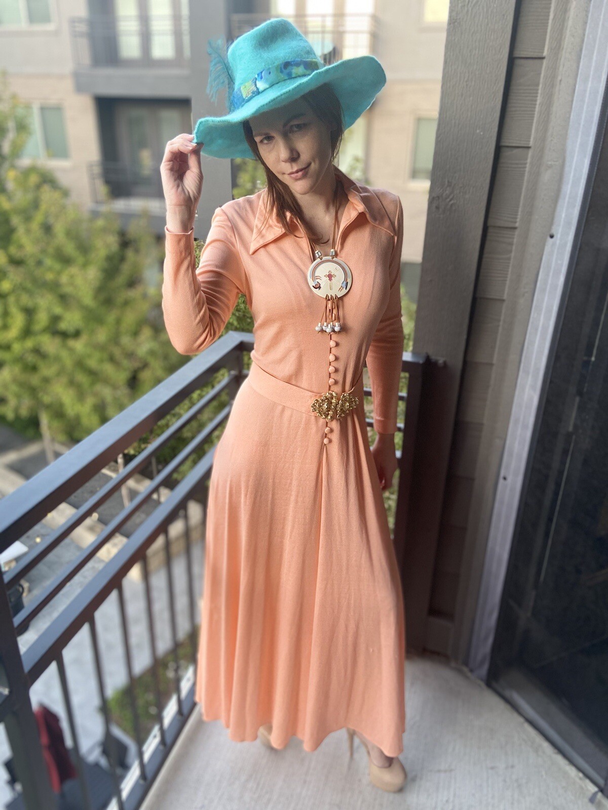 Vintage 70s Coral Maxi Dress Stretch Knit Gold Belt Mod GoGo Sexy Runway Boho