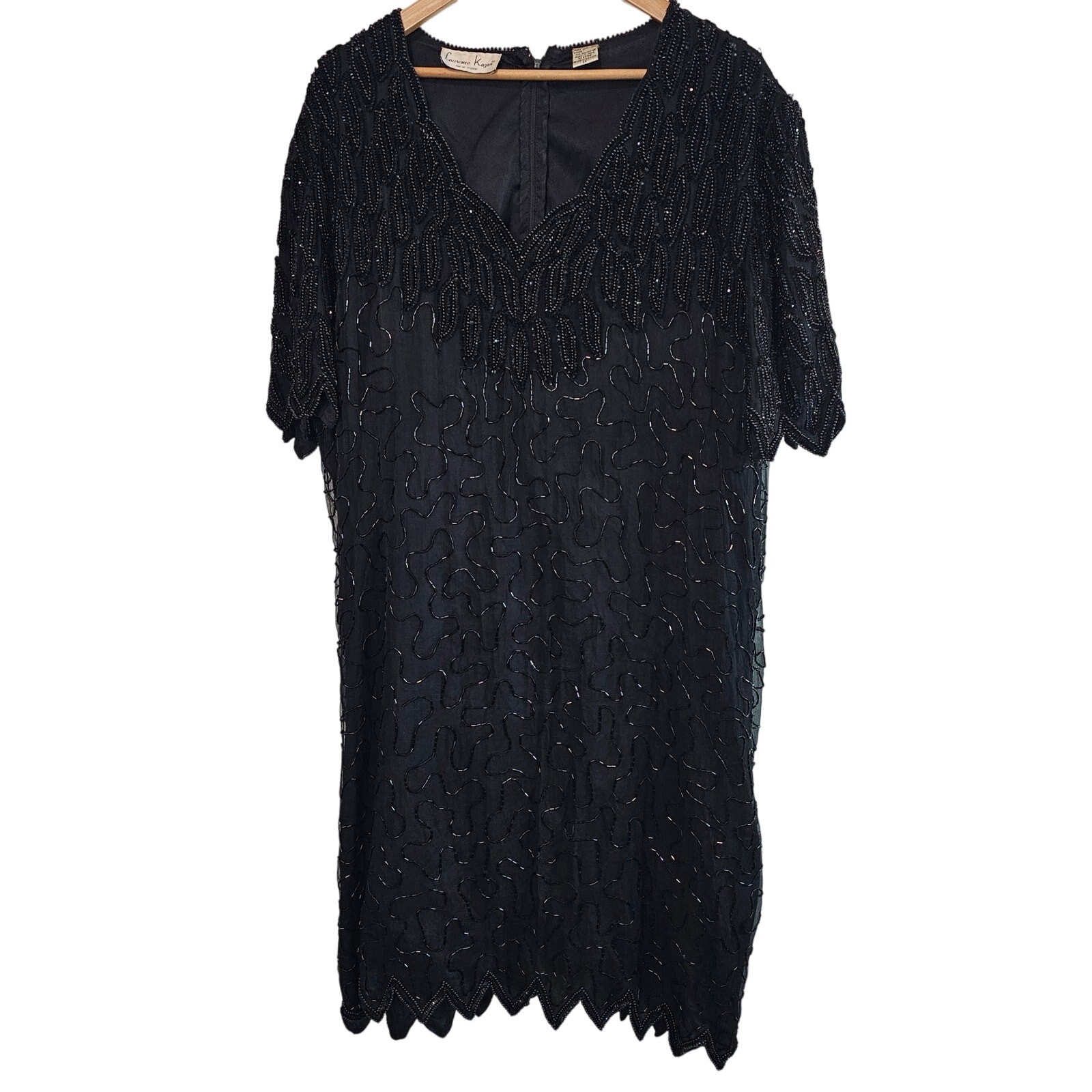 Vintage Laurence Kozar Silk Dress Women Size 1X Black Sequin 80s Beaded Cocktail