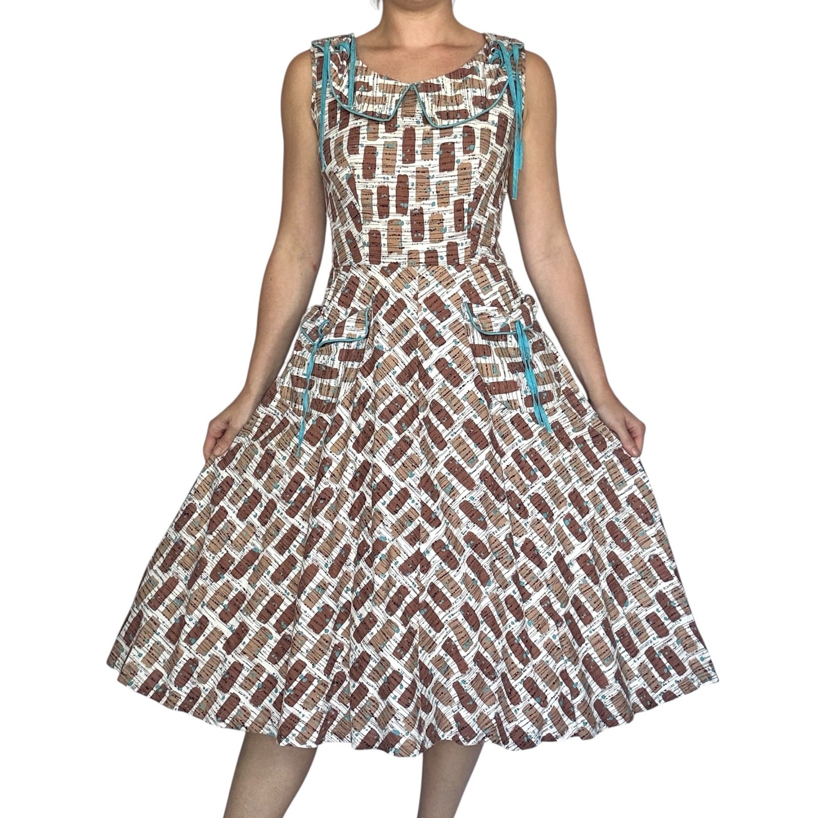 Vintage 50s KENROSE Heart Novelty Print Cotton Fit & Flare Dress Turquoise Brown