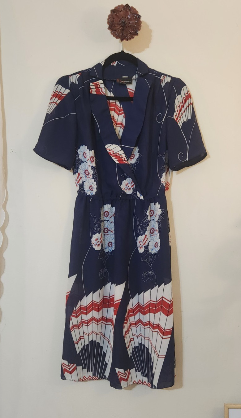 Vintage 80s San Laurance Navy Blue Fan & Floral Print Wrap-Style Day Dress