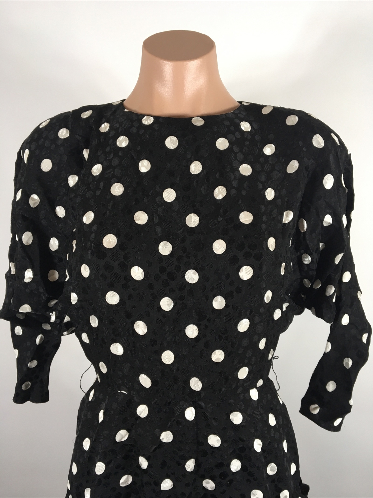 Vtg 80s Gillian Ruffle Blouson Dress Polka Dot Silk Drop Waist Cocktail sz 2