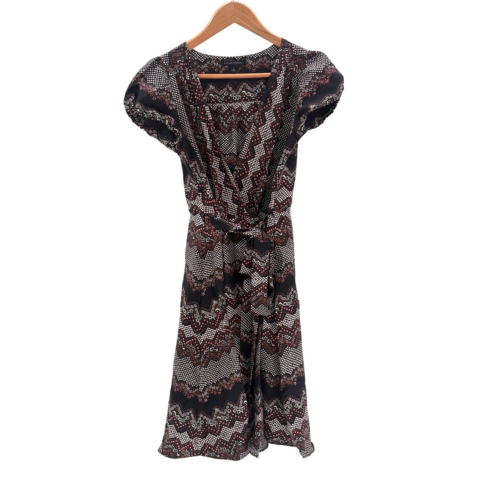 Banana Republic Wrap Dress Silk Retro Indie Boho Black Puff Sleeve Women Size 2
