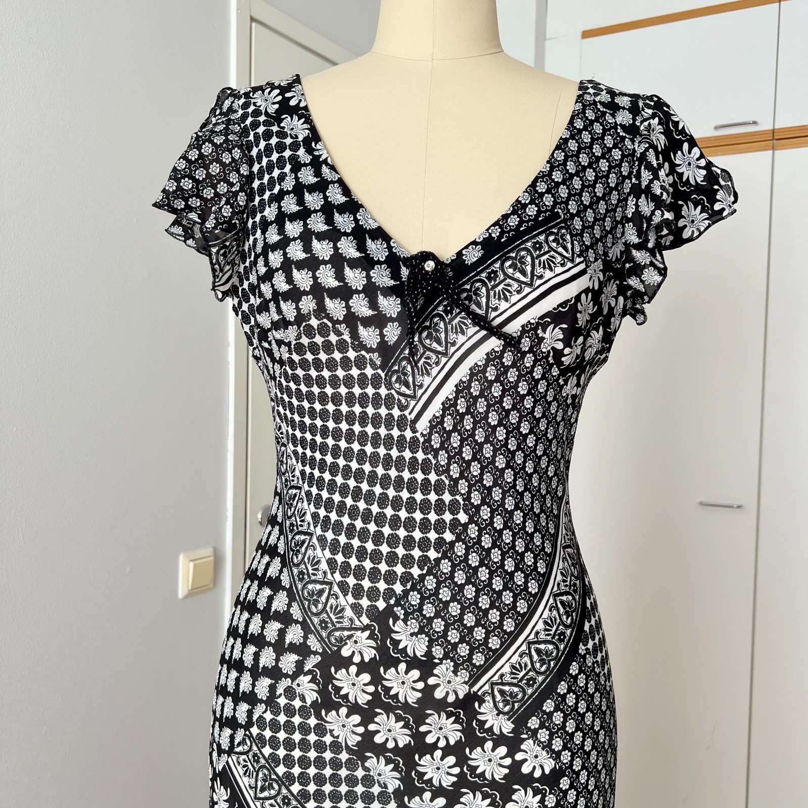90s Bias Cut Graphic Print Midi Dress Y2K Flutter Sleeve V Neck Fairy Whimsygoth