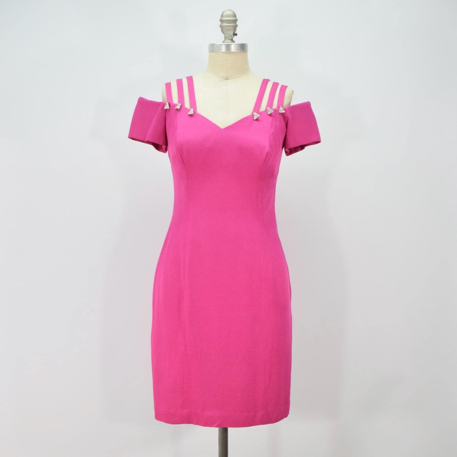 Vintage 80s Dress 4 Hot Pink Strappy Sweetheart Neckline Mini Party Glam Rock