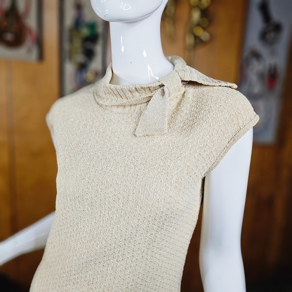 Vtg 70s Rontini Chunky Knit Sheath Bow Detail Crew Neck Sweater Wiggle Dress S/M