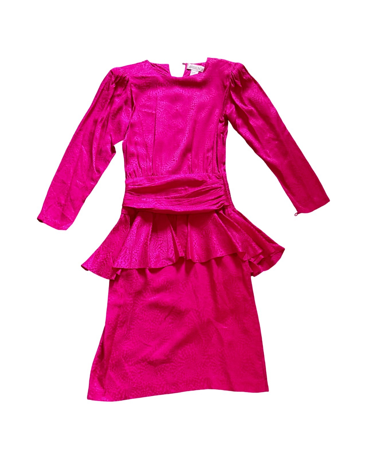 Vintage Argenti 100% Silk Fuchsia Peplum Dress Jacquard Long Sleeve 1980s Size 4