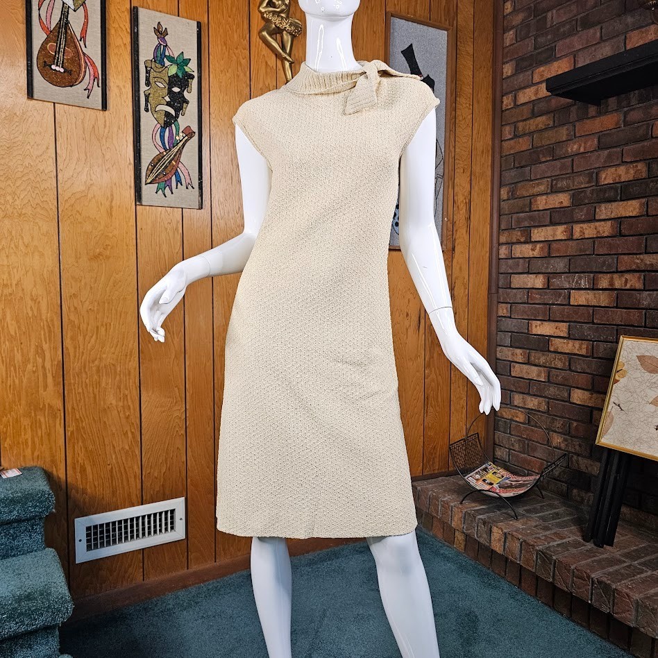 Vtg 70s Rontini Chunky Knit Sheath Bow Detail Crew Neck Sweater Wiggle Dress S/M