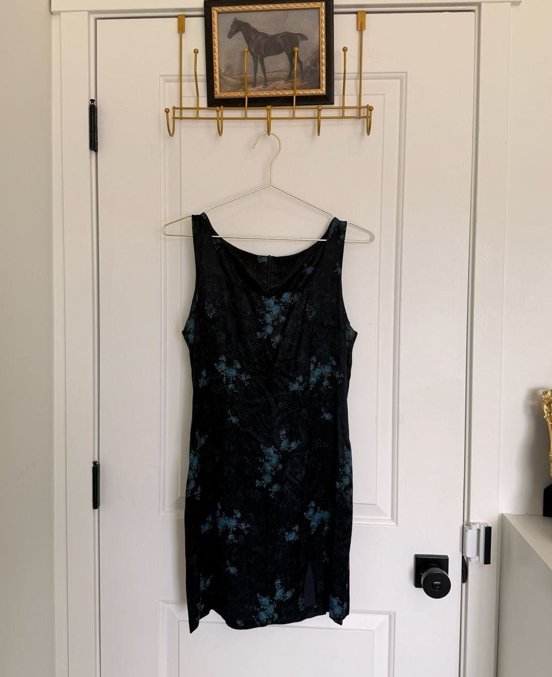 Vintage 90s Black Satin Sleeveless Mini Side Slit Dress with Blue Floral Pattern