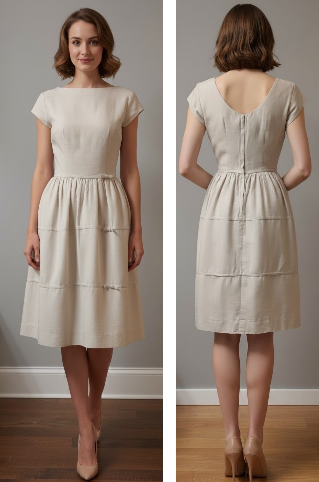 Vintage 60’s Minx Modes Linen Dress Tiny Bows Caps Sleeves Conmatic Metal Zip XS