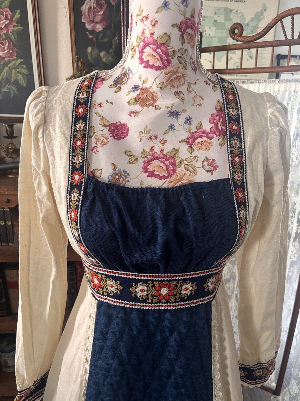 Gunne Sax by Jessica Beige Quilted Cotton Renaissance Revival Prairie Dress