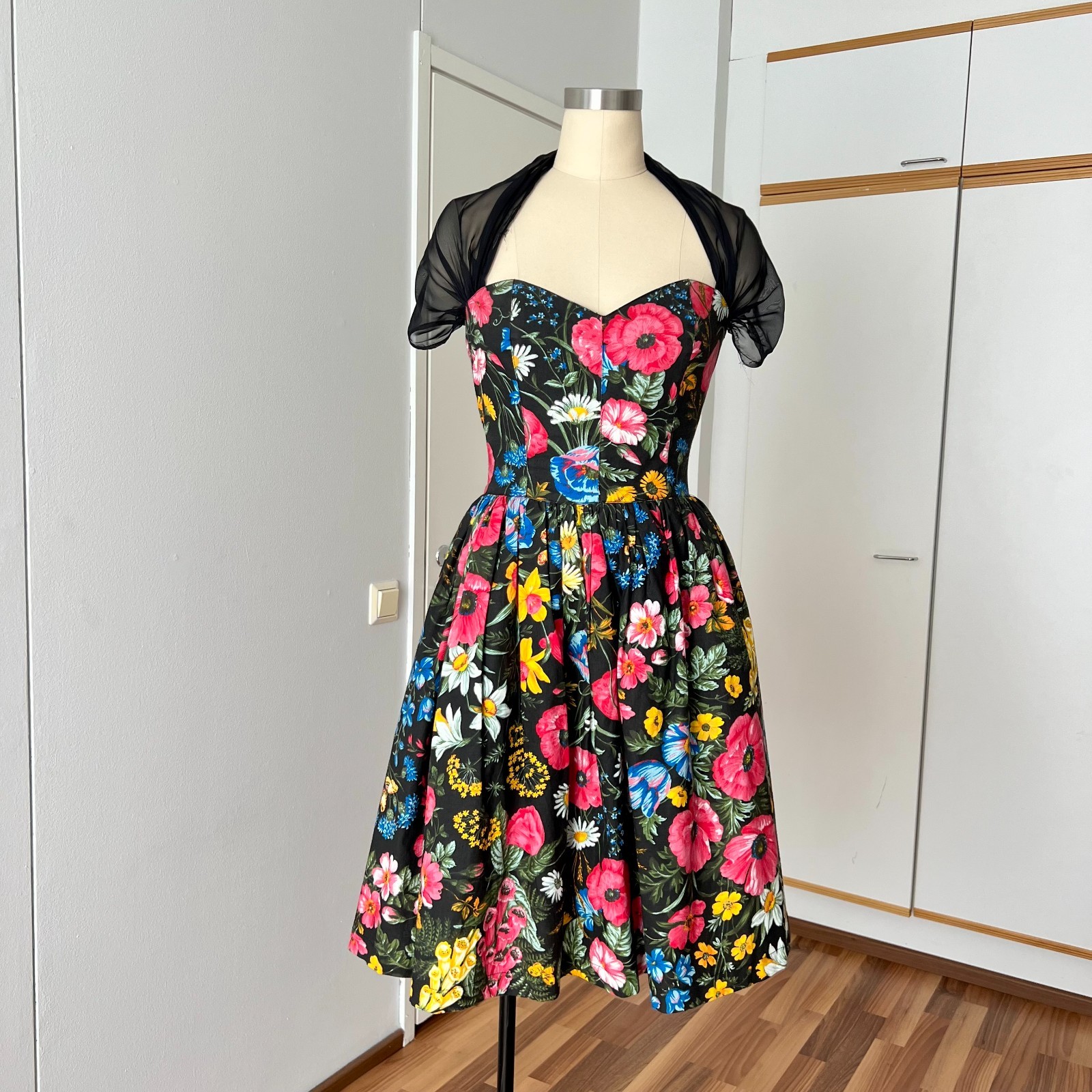 1980s Floral Rockabilly Corset Dress Romantic Cotton Midi 80s Does 50 Pinup Boho