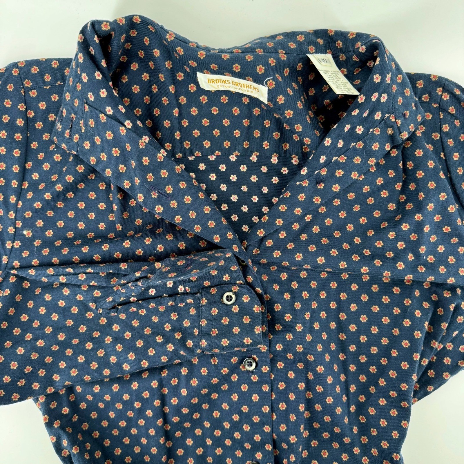Brooks Brothers Vintage Shirt Dress 10 Navy Blue Floral Cotton Challis Tie Waist