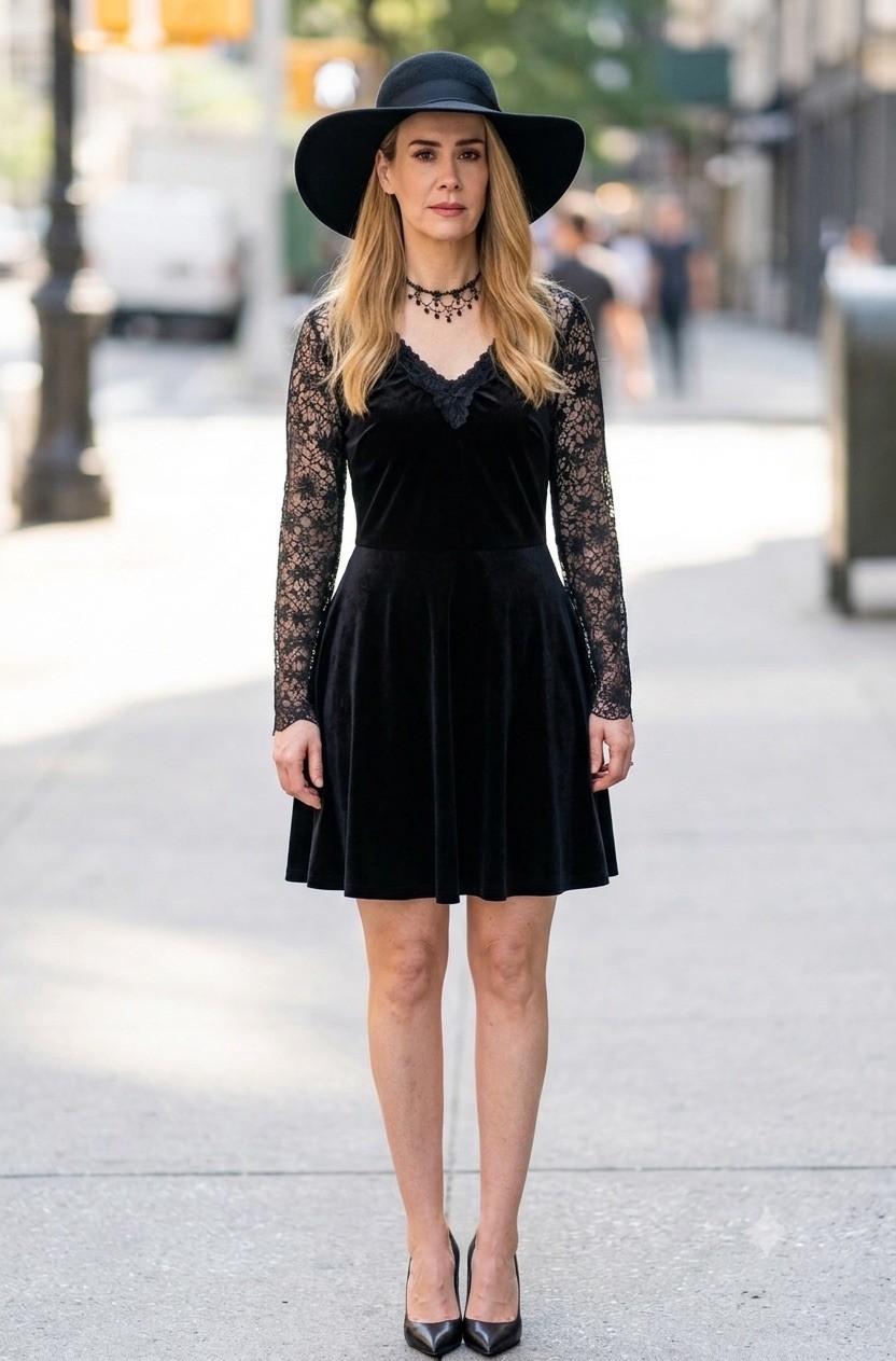 Vintage Y2K Black Velvet Lace Dress L Goth AMERICAN HORROR STORY COVEN Witches