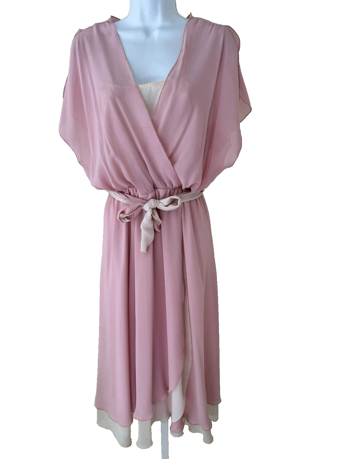 MURRAY’S PLACE Size 7/8 Pink Dress Ivory Crepe Tie Belt Flowy Vintage 1970s New
