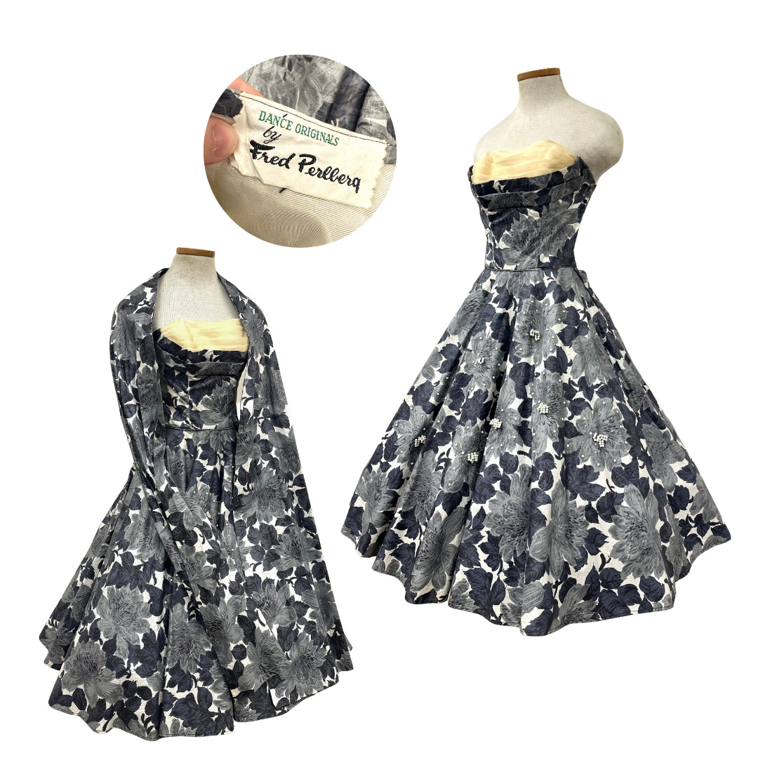 Vintage 1950s Fred Perlberg Grey Floral Beaded Rhinestoned Dress & Shawl